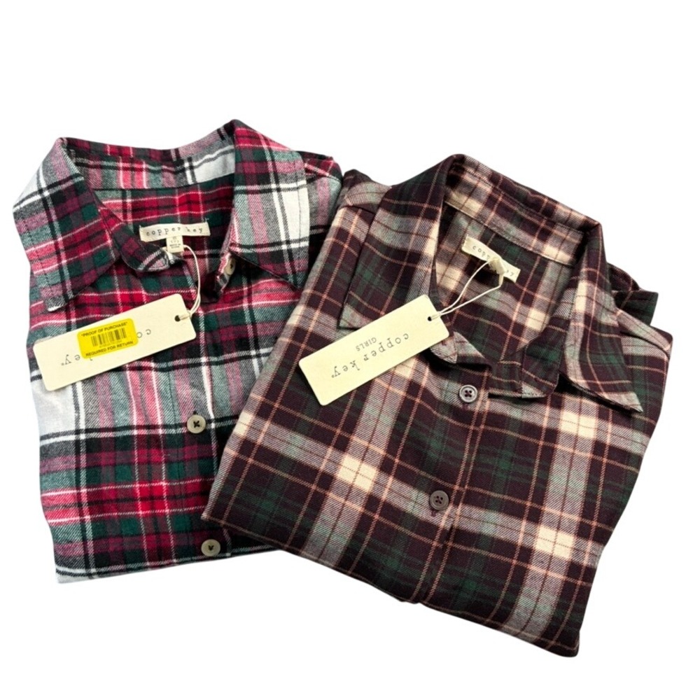 Copper Key Lot of 2 Girls Sz S(7) Plaid Flannel Long Sleeve Button Up Shirts New